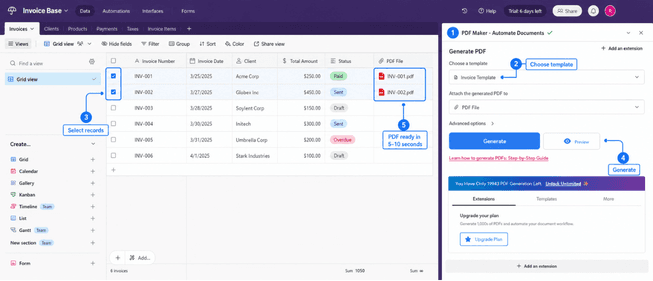 PDF Maker extension generating a PDF from Airtable