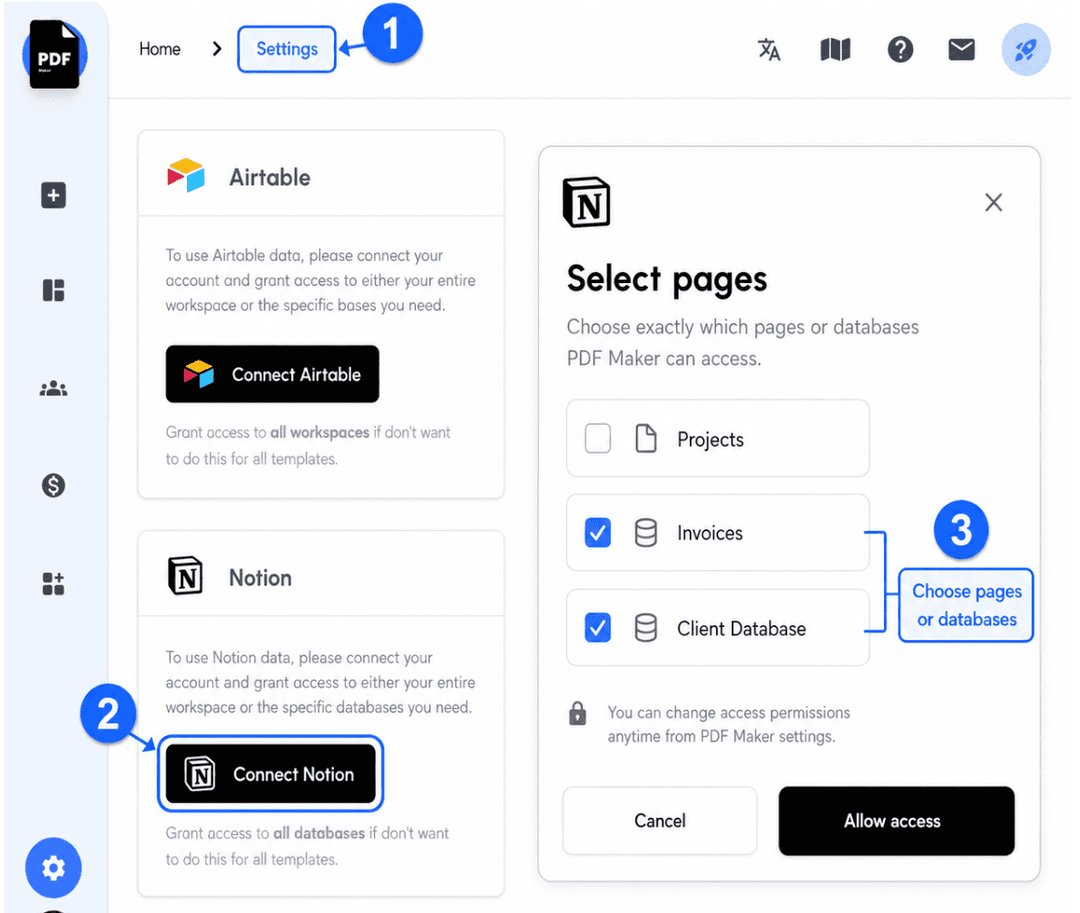 Connect Notion from PDF Maker Settings