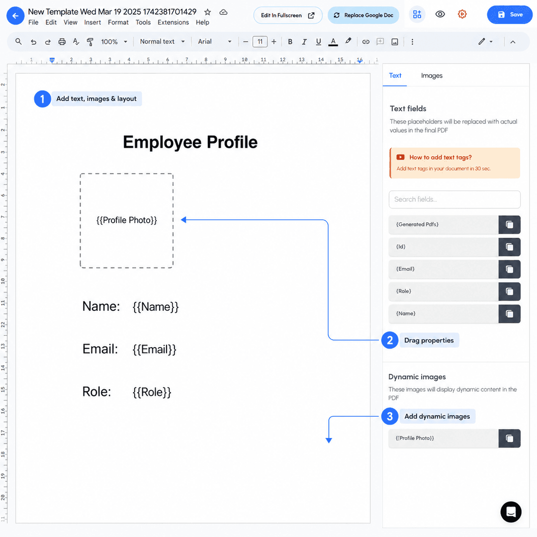 Design a PDF template on a blank canvas with Notion placeholders
